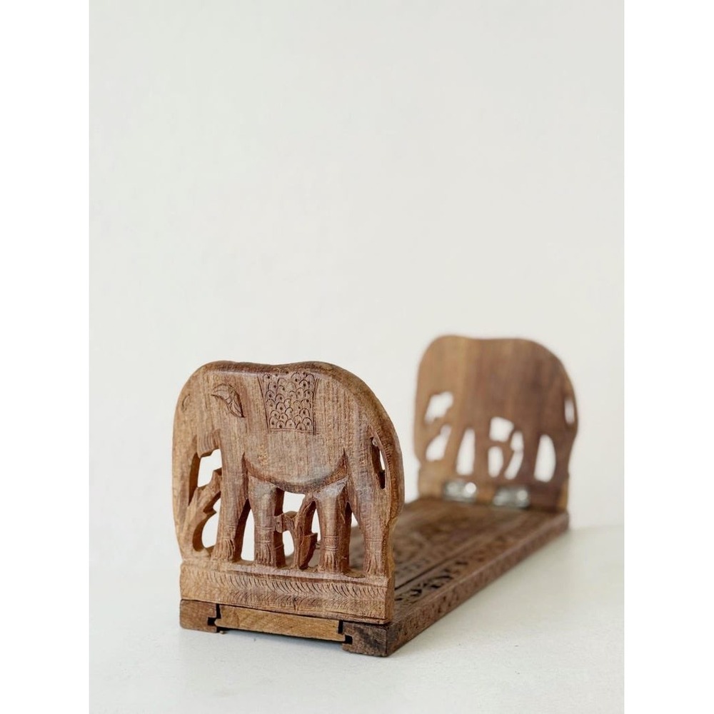 Vintage boho Book Holder Brown Wood Hand Carved Elephant‎ made in India antique